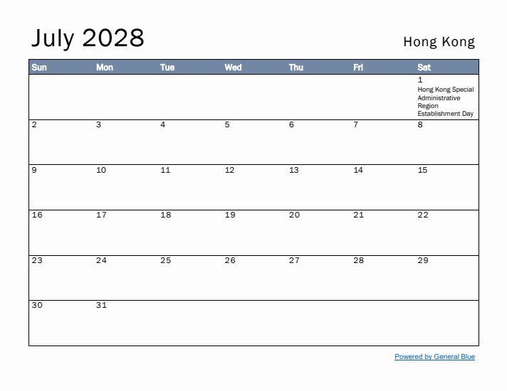July 2028 Simple Monthly Calendar for Hong Kong