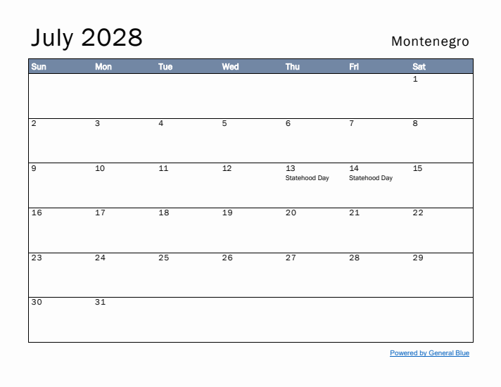 July 2028 Simple Monthly Calendar for Montenegro