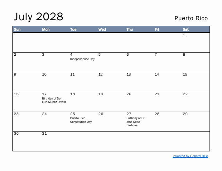July 2028 Simple Monthly Calendar for Puerto Rico