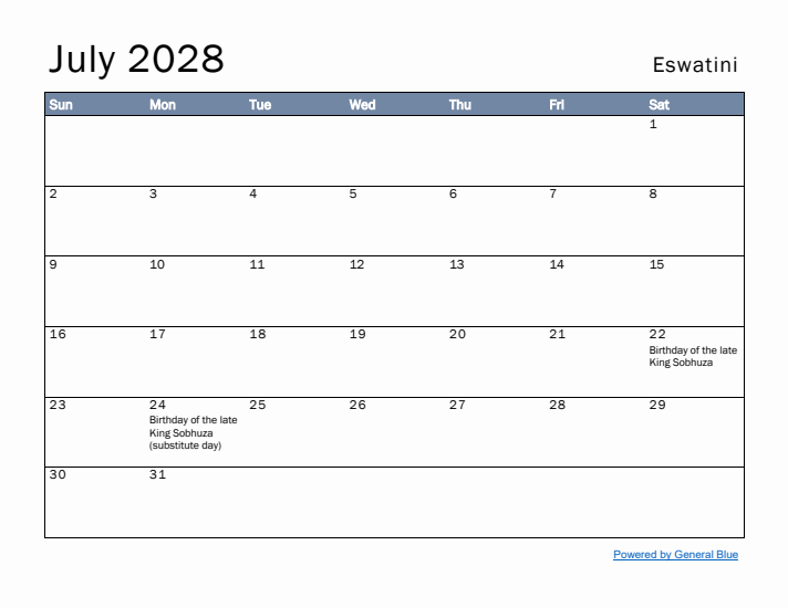 July 2028 Simple Monthly Calendar for Eswatini