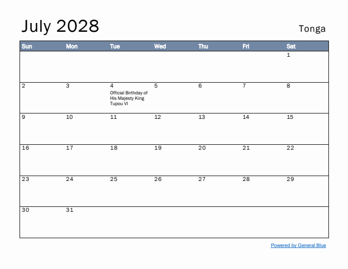 July 2028 Simple Monthly Calendar for Tonga