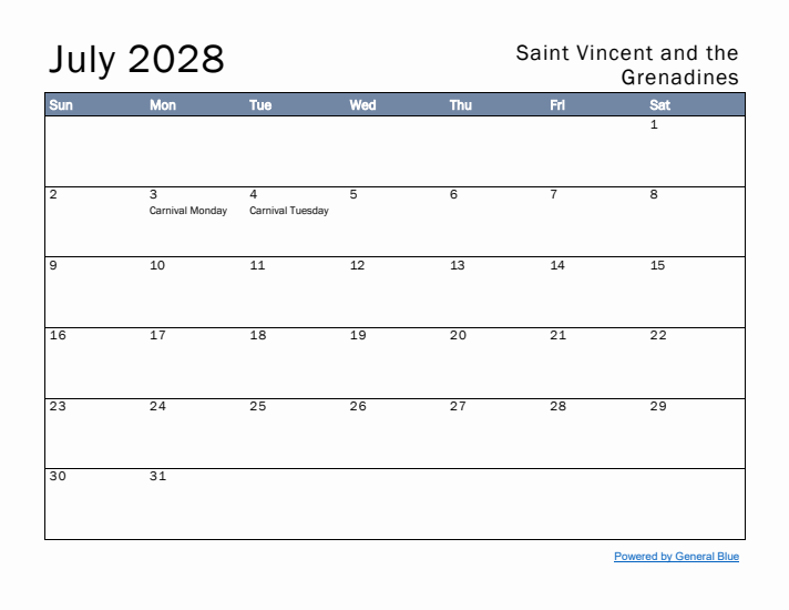 July 2028 Simple Monthly Calendar for Saint Vincent and the Grenadines