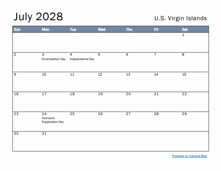 July 2028 Simple Monthly Calendar for U.S. Virgin Islands