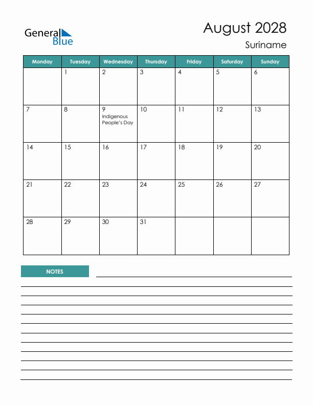Calendar with Notes Printable - Monday Start