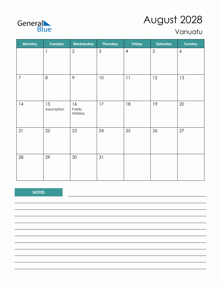 Monthly Planner with Vanuatu Holidays - August 2028 (Monday Start)