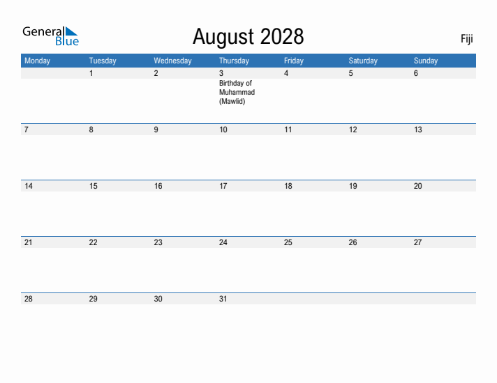 Fillable August 2028 Calendar