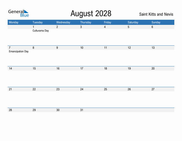 Fillable August 2028 Calendar