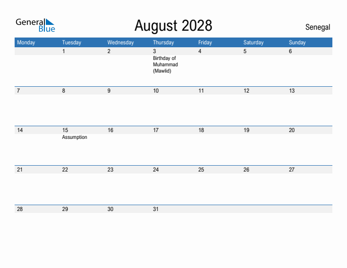 Fillable August 2028 Calendar
