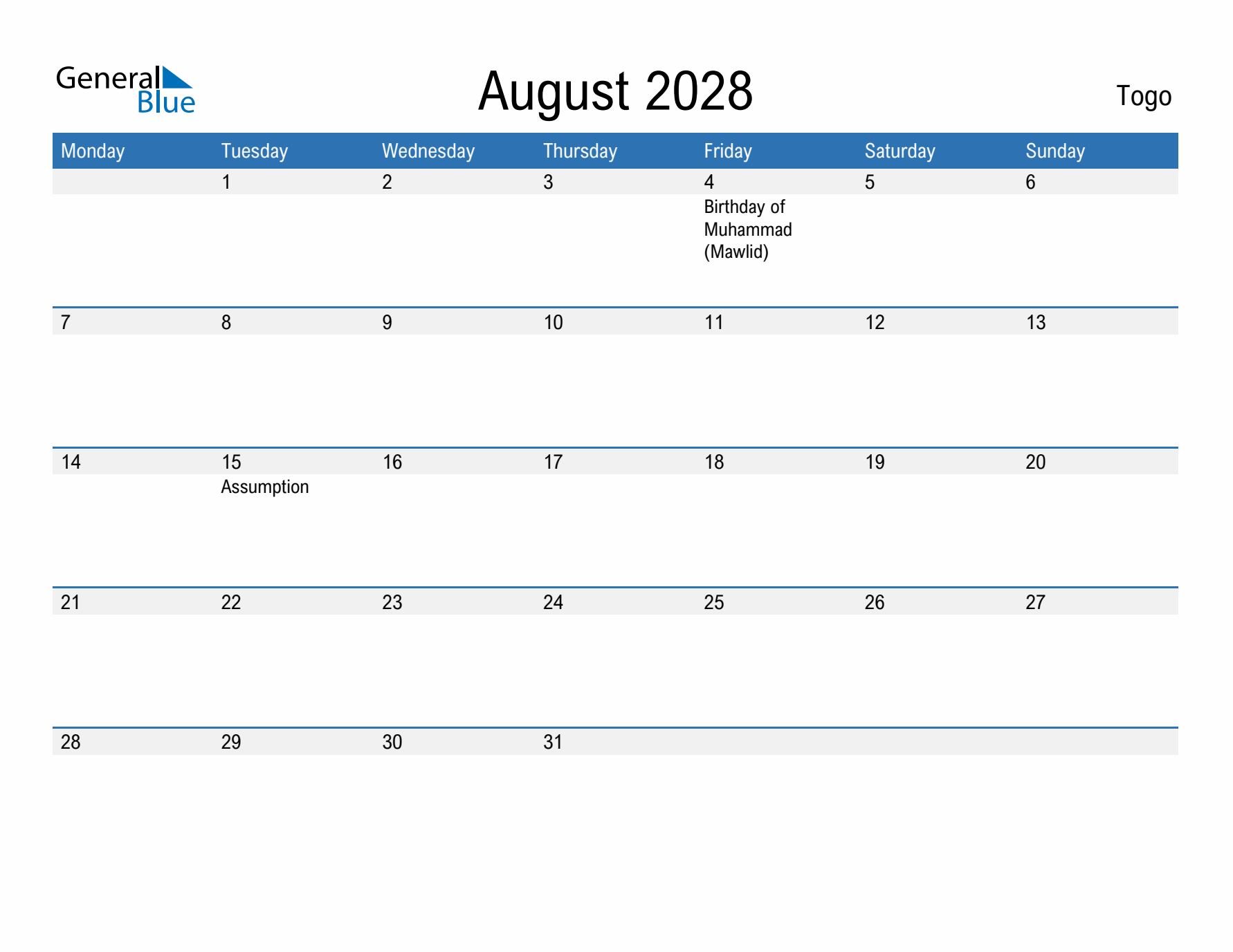 Fillable August 2028 Calendar
