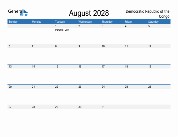 Fillable August 2028 Calendar