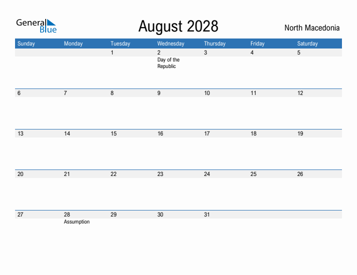 Fillable August 2028 Calendar