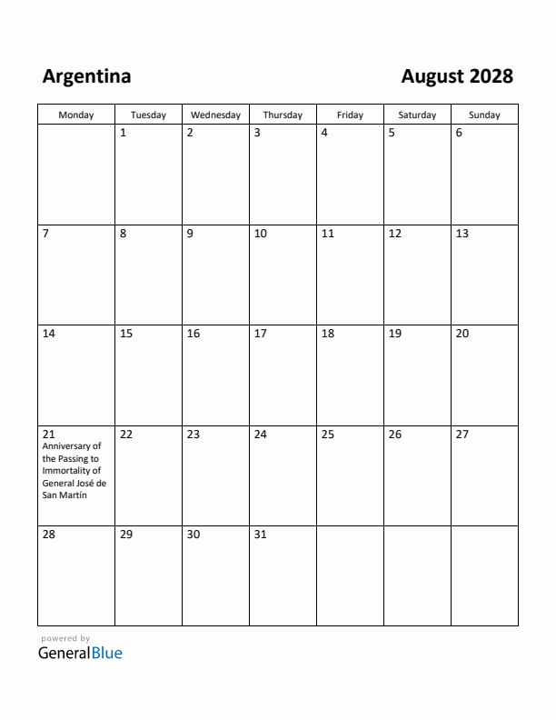 August 2028 Calendar with Argentina Holidays