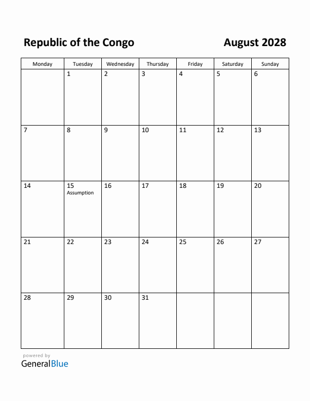 August 2028 Calendar with Republic of the Congo Holidays