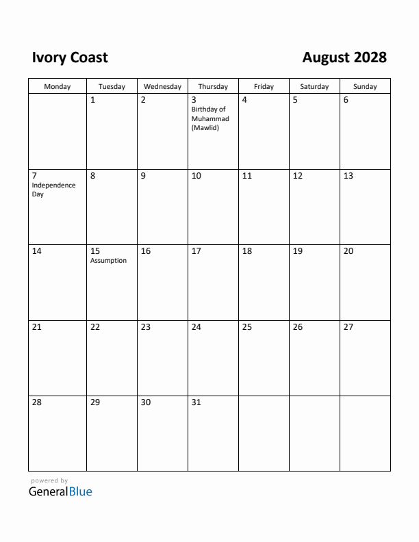 August 2028 Calendar with Ivory Coast Holidays