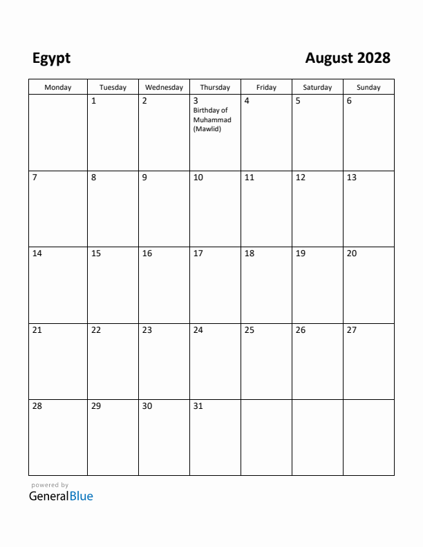 August 2028 Calendar with Egypt Holidays