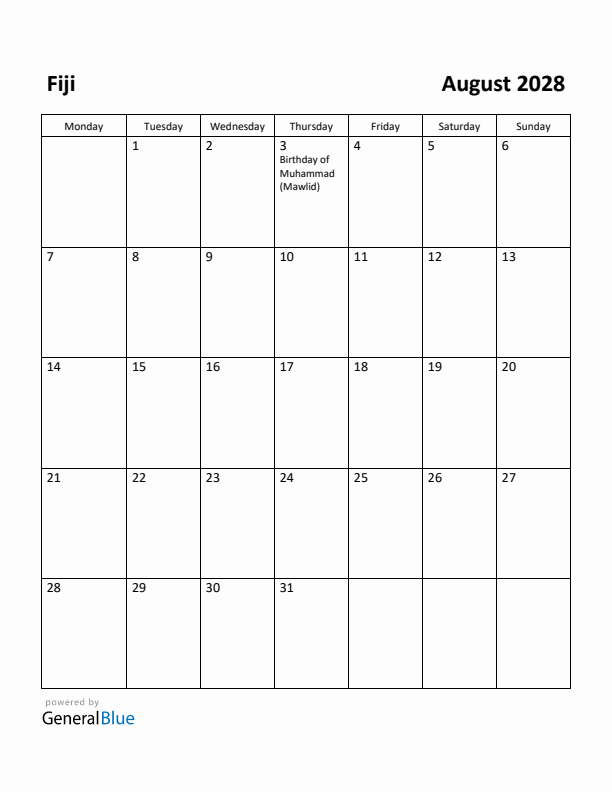 August 2028 Calendar with Fiji Holidays