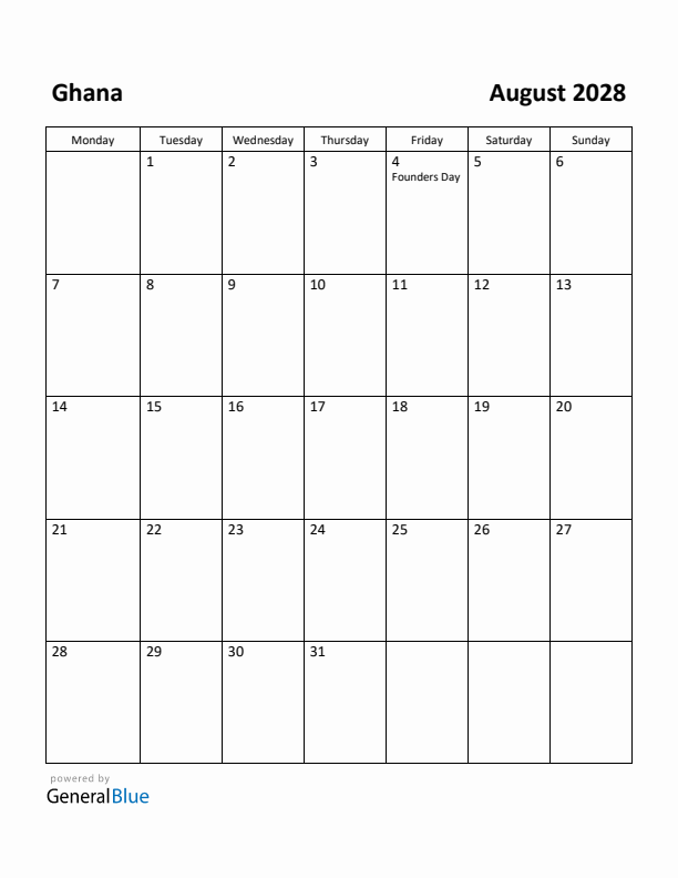 August 2028 Calendar with Ghana Holidays