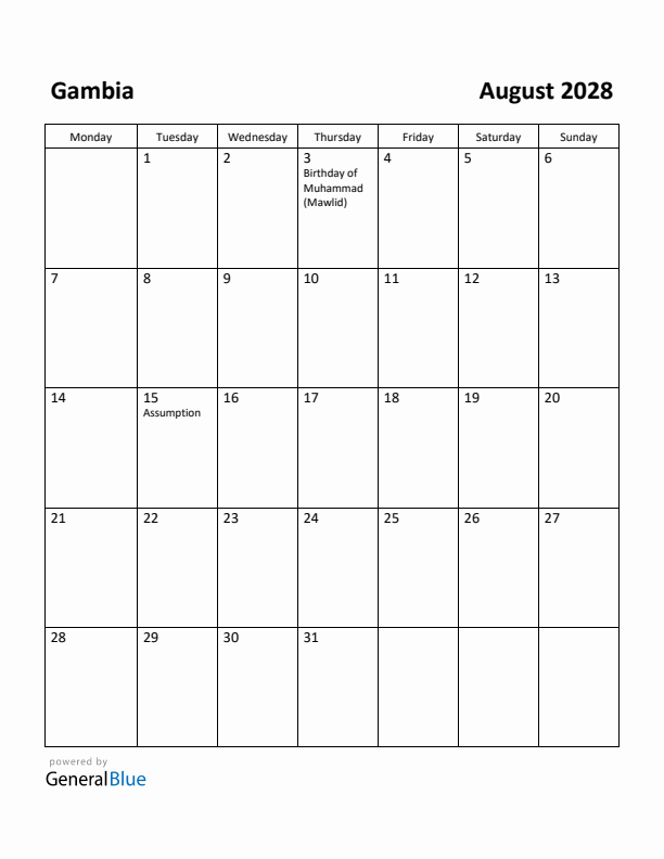 August 2028 Calendar with Gambia Holidays