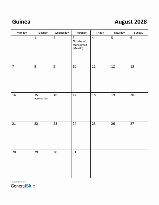 August 2028 Calendar with Guinea Holidays