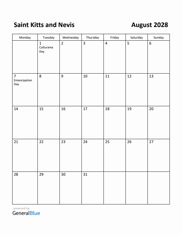 August 2028 Calendar with Saint Kitts and Nevis Holidays