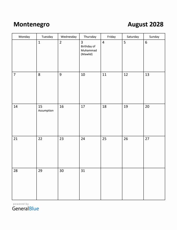 August 2028 Calendar with Montenegro Holidays