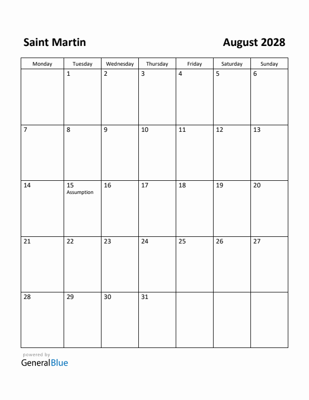 August 2028 Calendar with Saint Martin Holidays