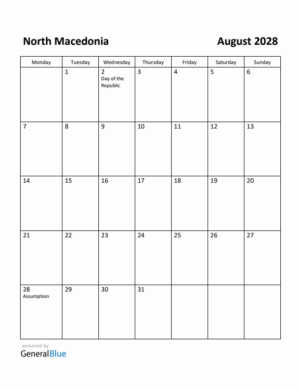 August 2028 Calendar with North Macedonia Holidays