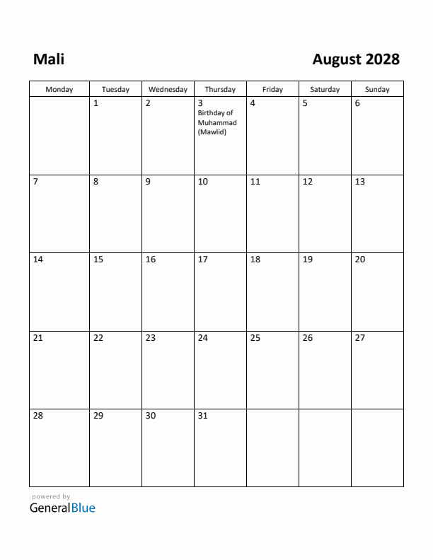 August 2028 Calendar with Mali Holidays