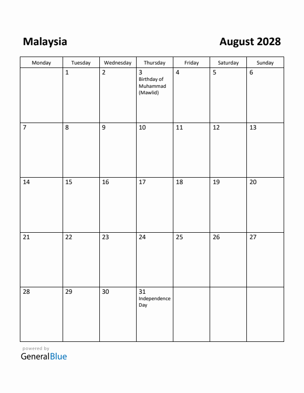 August 2028 Calendar with Malaysia Holidays