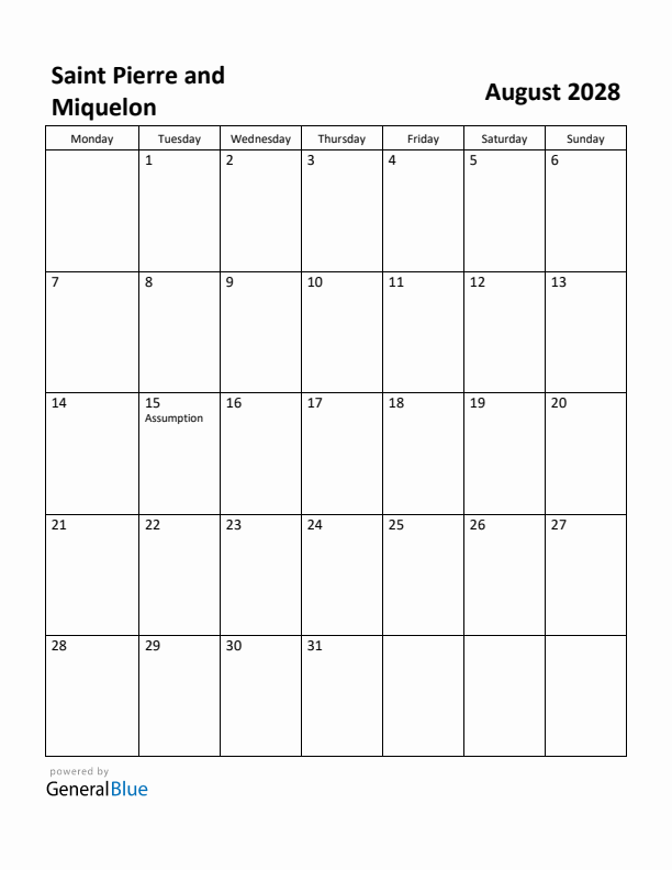 August 2028 Calendar with Saint Pierre and Miquelon Holidays