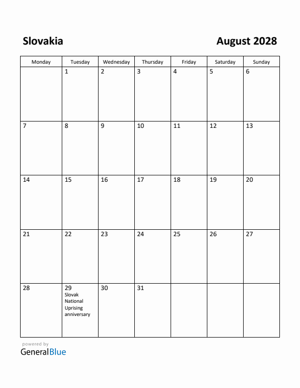 August 2028 Calendar with Slovakia Holidays