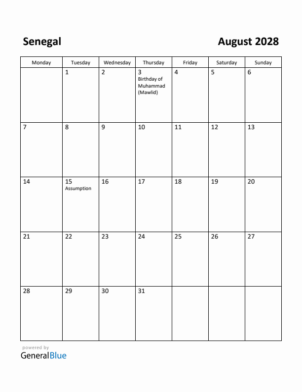 August 2028 Calendar with Senegal Holidays