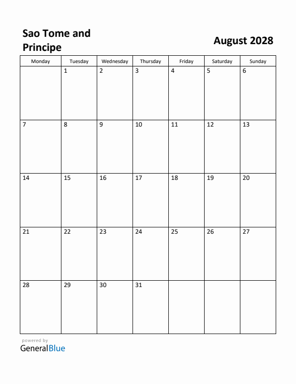 August 2028 Calendar with Sao Tome and Principe Holidays