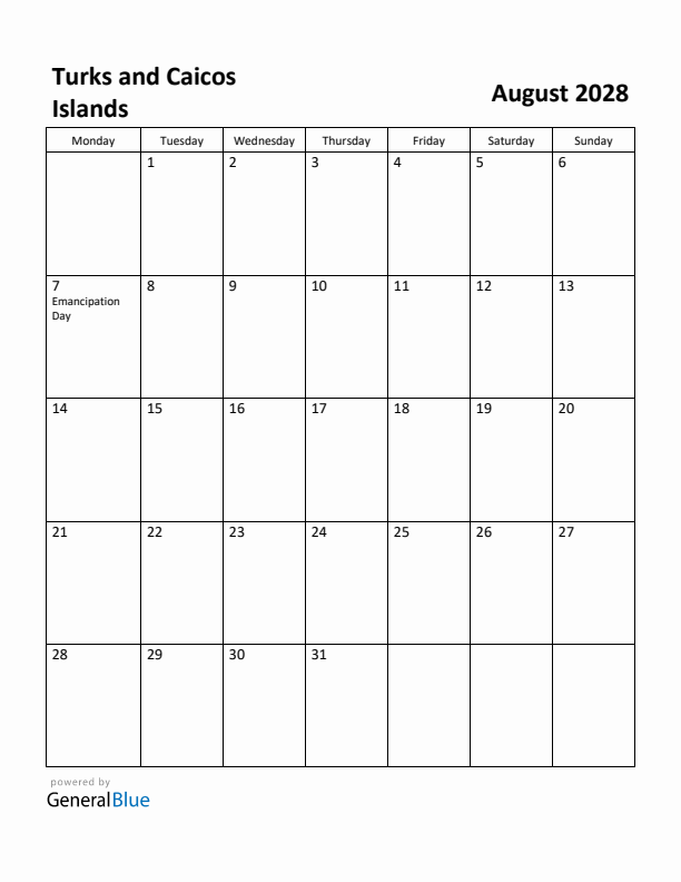 August 2028 Calendar with Turks and Caicos Islands Holidays