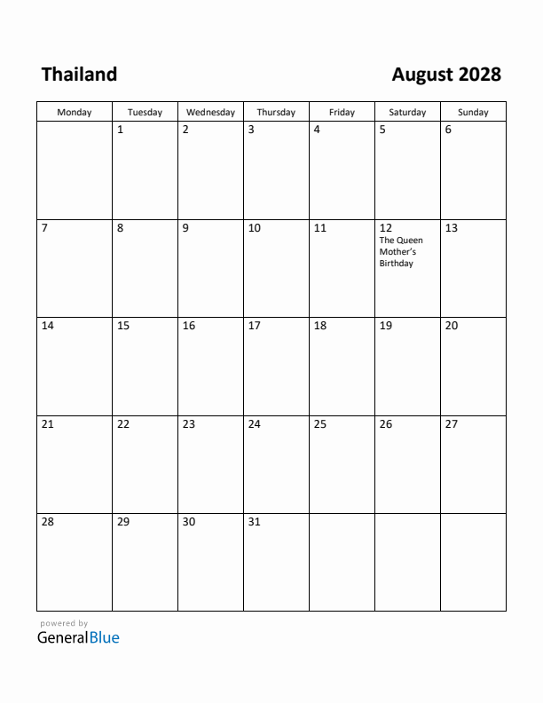 August 2028 Calendar with Thailand Holidays
