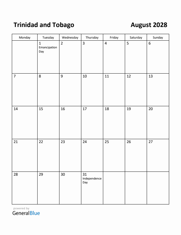 August 2028 Calendar with Trinidad and Tobago Holidays