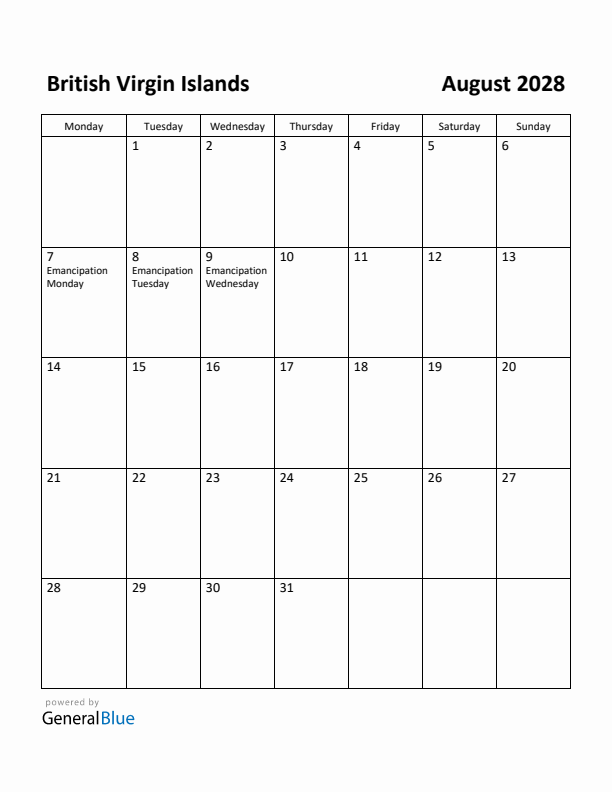 August 2028 Calendar with British Virgin Islands Holidays