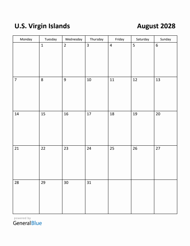 August 2028 Calendar with U.S. Virgin Islands Holidays