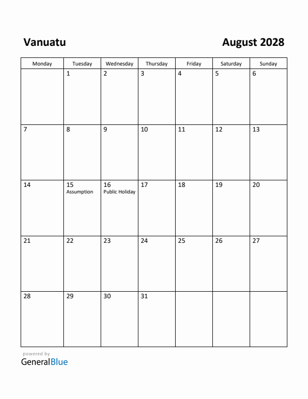 August 2028 Calendar with Vanuatu Holidays