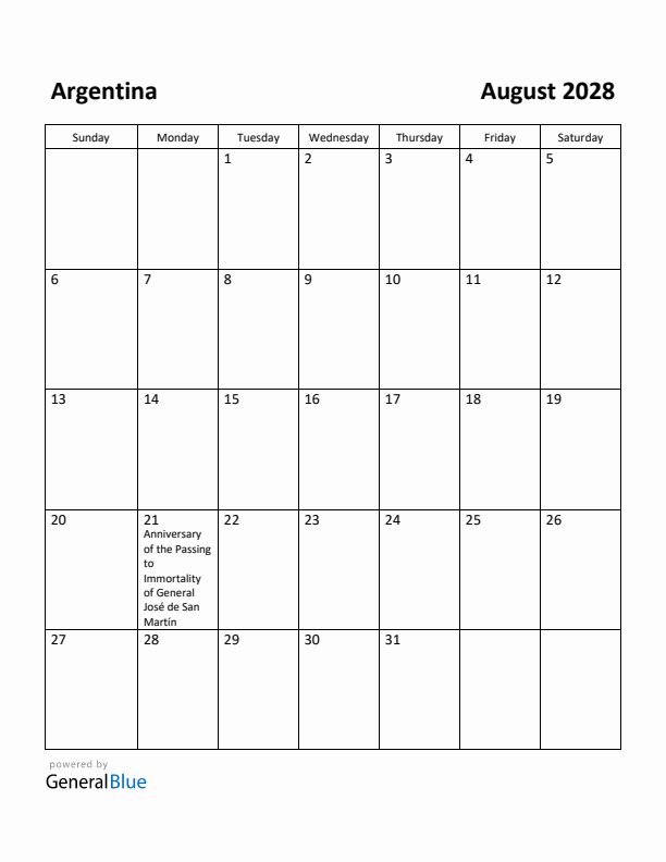 August 2028 Calendar with Argentina Holidays
