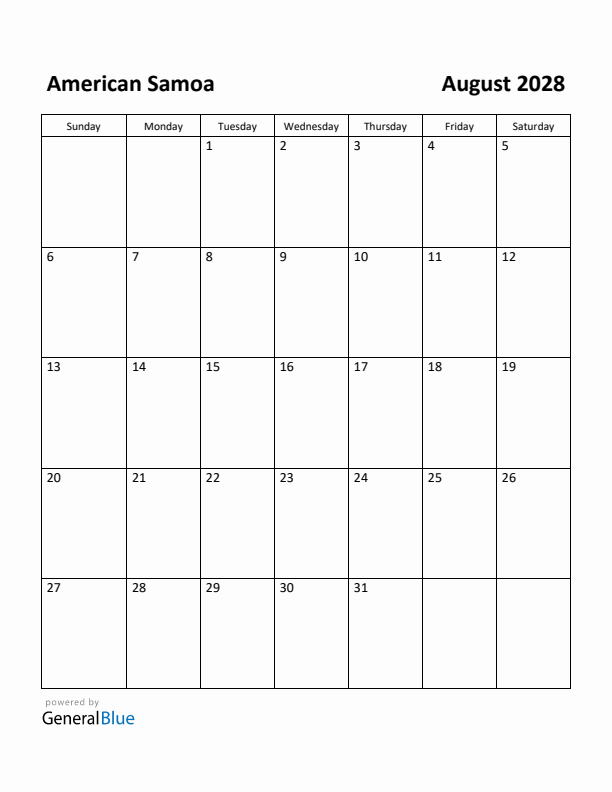 August 2028 Calendar with American Samoa Holidays