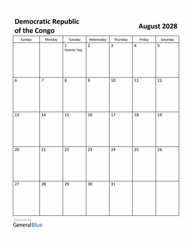 August 2028 Calendar with Democratic Republic of the Congo Holidays