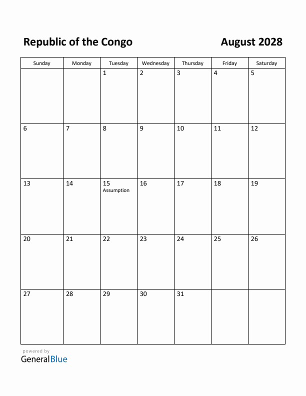 August 2028 Calendar with Republic of the Congo Holidays