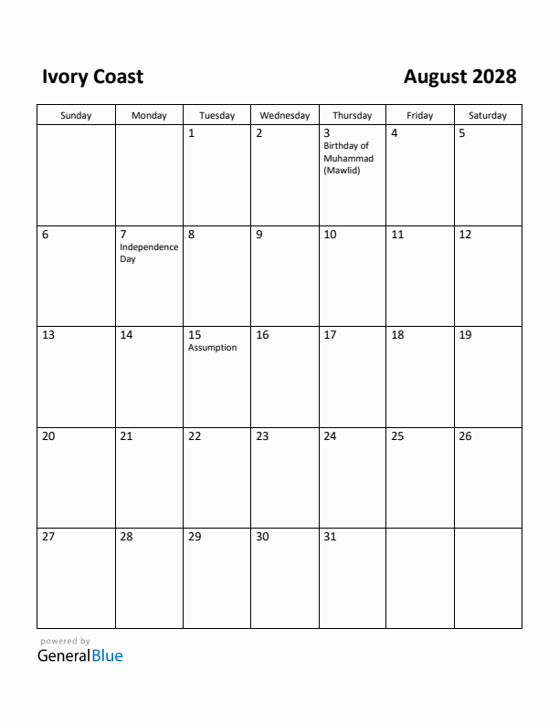 August 2028 Calendar with Ivory Coast Holidays