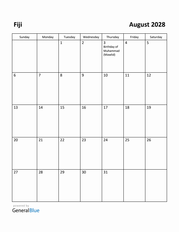 August 2028 Calendar with Fiji Holidays