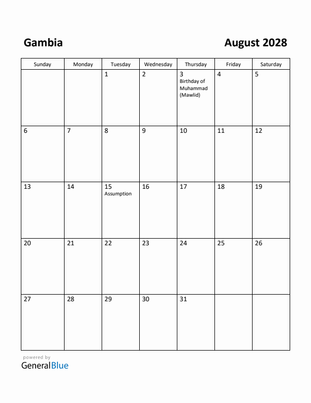 August 2028 Calendar with Gambia Holidays