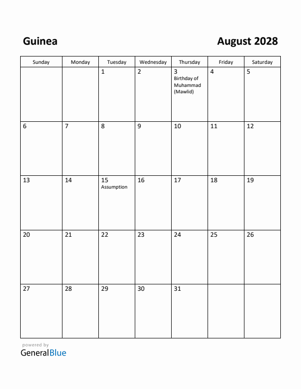 August 2028 Calendar with Guinea Holidays