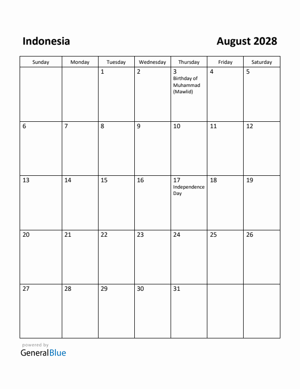 August 2028 Calendar with Indonesia Holidays