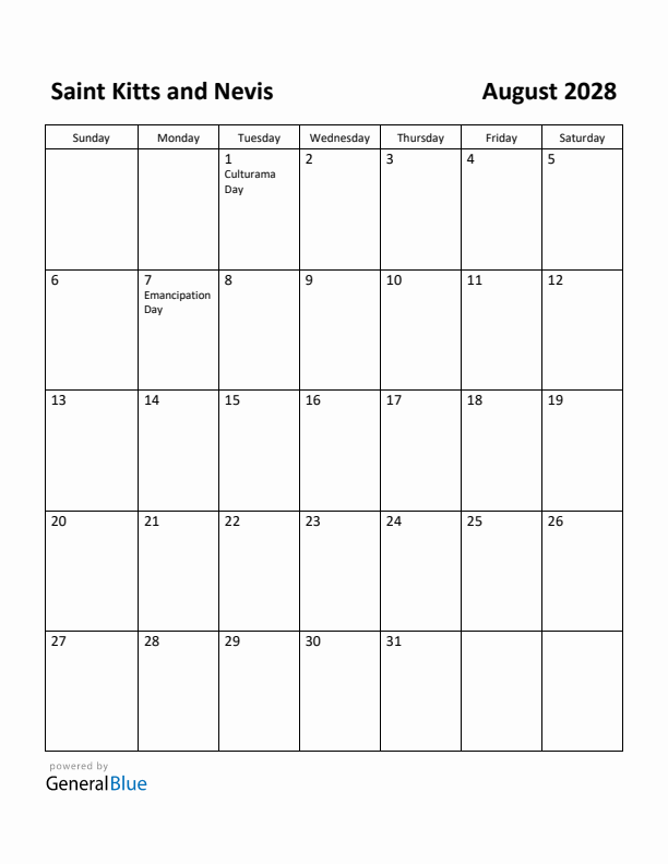 August 2028 Calendar with Saint Kitts and Nevis Holidays