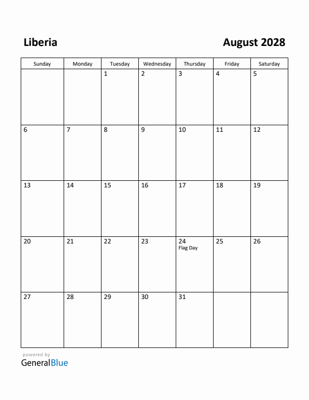 August 2028 Calendar with Liberia Holidays